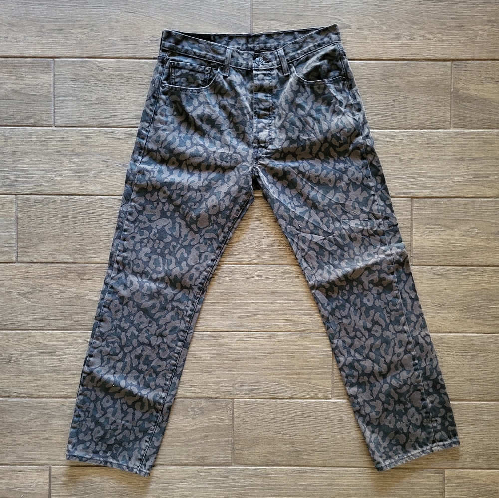 Mens Levi's 501 Shrink To Fit Anthracite Cheetah Print Straight Leg Jeans 33x32